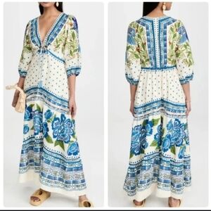 House Of Harlow Cream Blue And White Linen And Cotton Maxi Dress Size Small